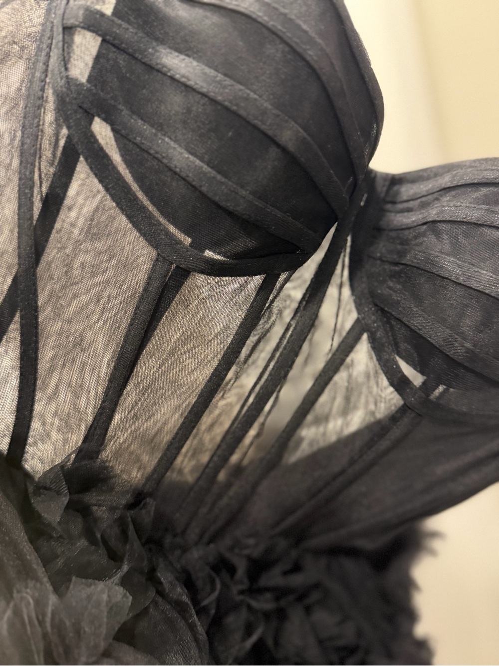 Strapless Black Tulle Ruffle Evening Gown - Picture 4 of 9